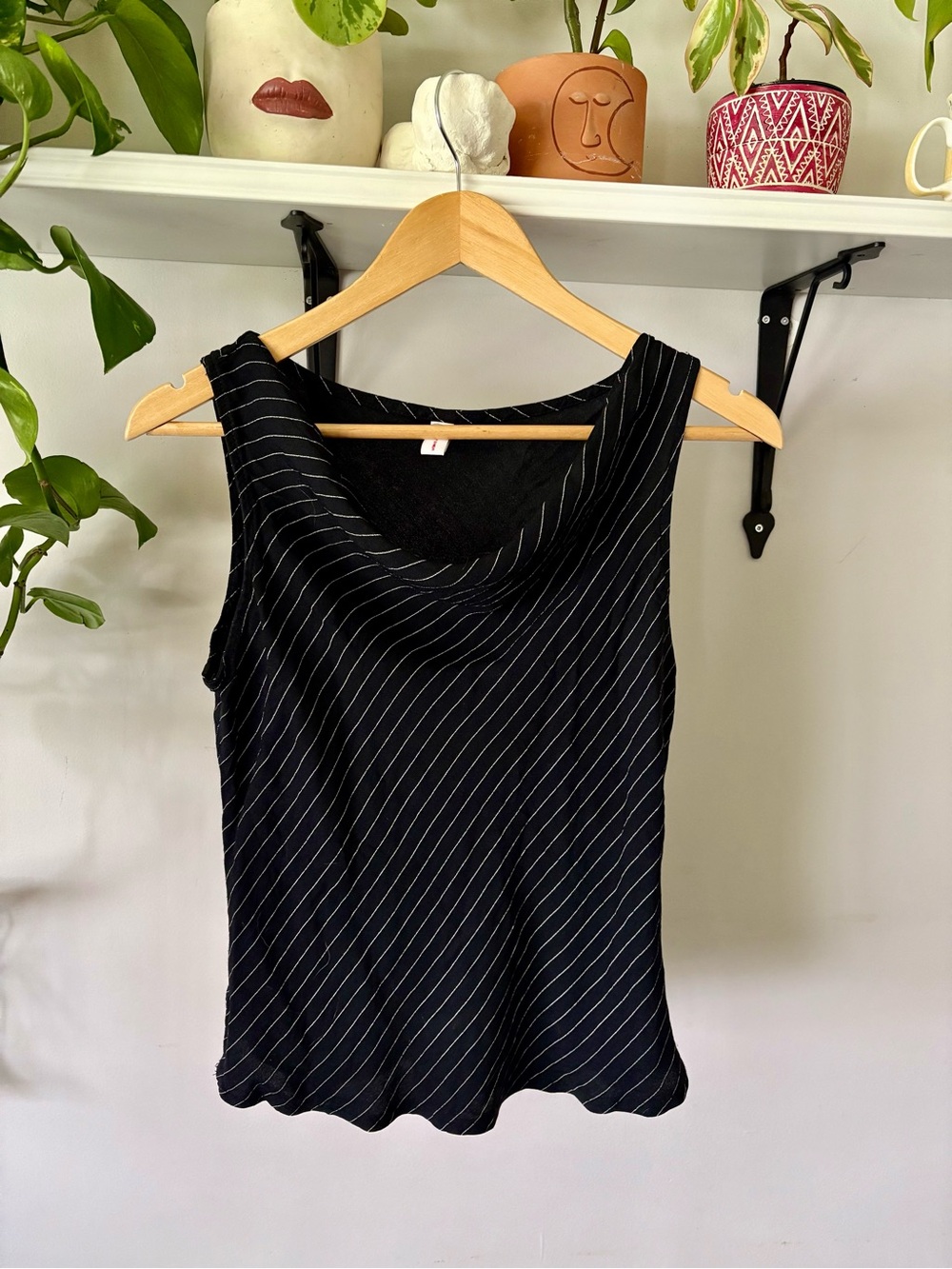 Suzy Shier Black Pinstripe Cowl Neck Tank Top